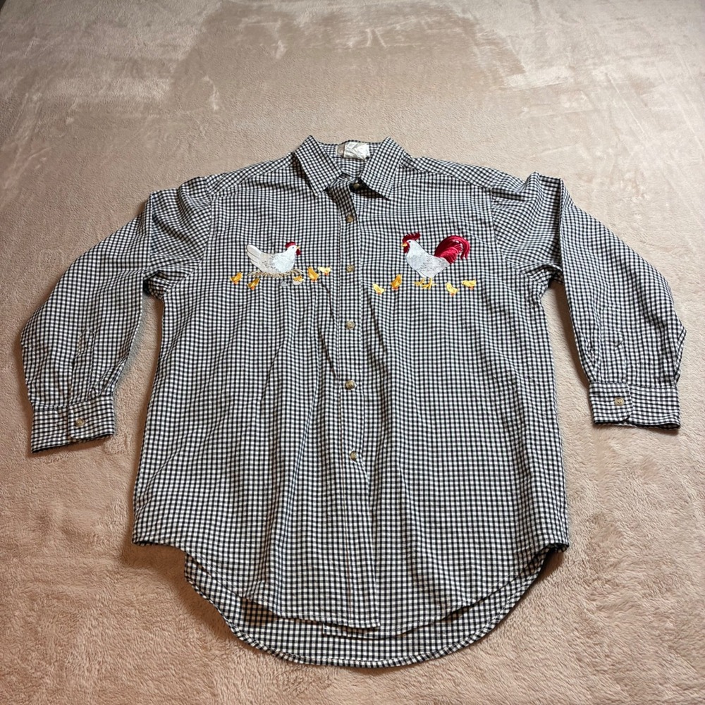 Vintage Mandal Bay Gingham Embroidered Rooster Hen Shirt Cottagecore Farmcore M